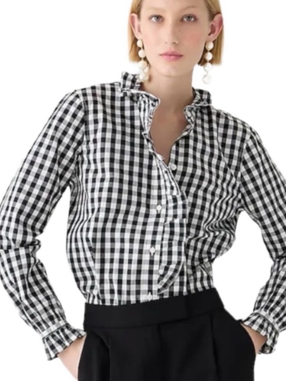 J. Crew Cottage Gingham Check Ruffle Trim Shirt Black White NWOT Sz 10